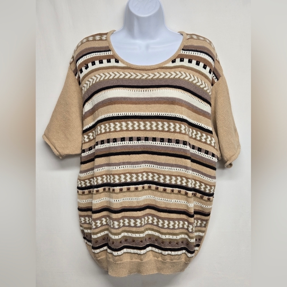 Tan Jay XL Ramie Cotton Knit Top Short Sleeve Striped Beads